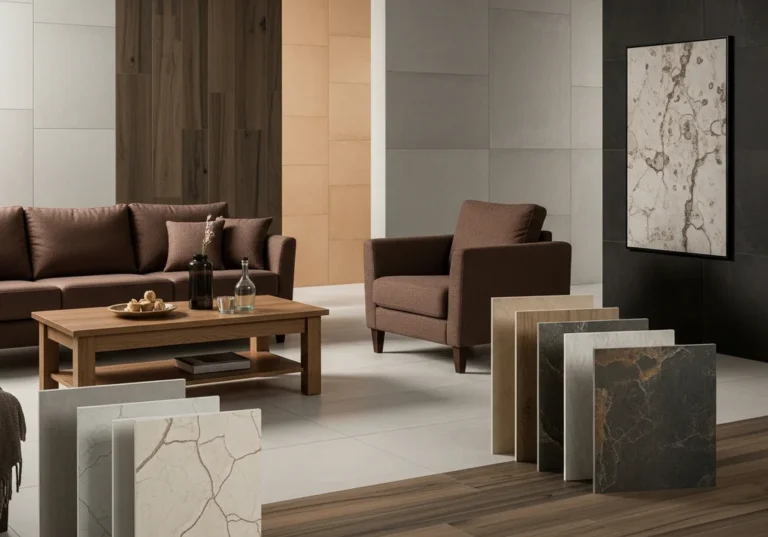 Aranżacja salonu z brązową kanapą, fotelem i ekspozycją płytek.