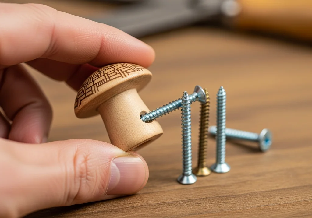 Drewniany uchwyt w kształcie grzybka z otworami do mocowania na wkręty.