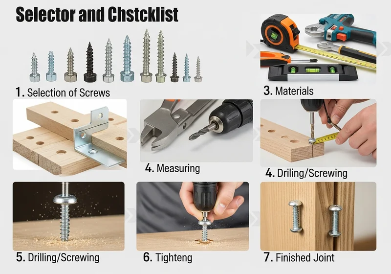 Siedem etapów tworzenia połączeń za pomocą wkrętów: dobór, materiały, pomiar, wiercenie, wkręcanie, dokręcanie, gotowe połączenie.