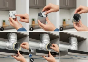 Montaż klapy zwrotnej okapu: połączenie mechanizmu z kanałem wentylacyjnym za pomocą taśmy.