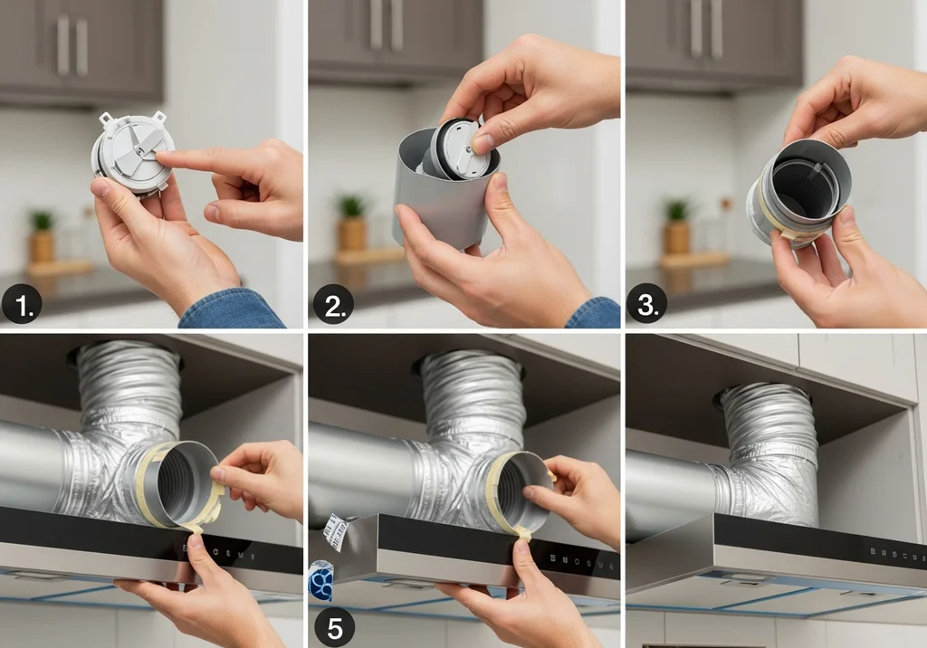 Montaż klapy zwrotnej okapu: połączenie mechanizmu z kanałem wentylacyjnym za pomocą taśmy.