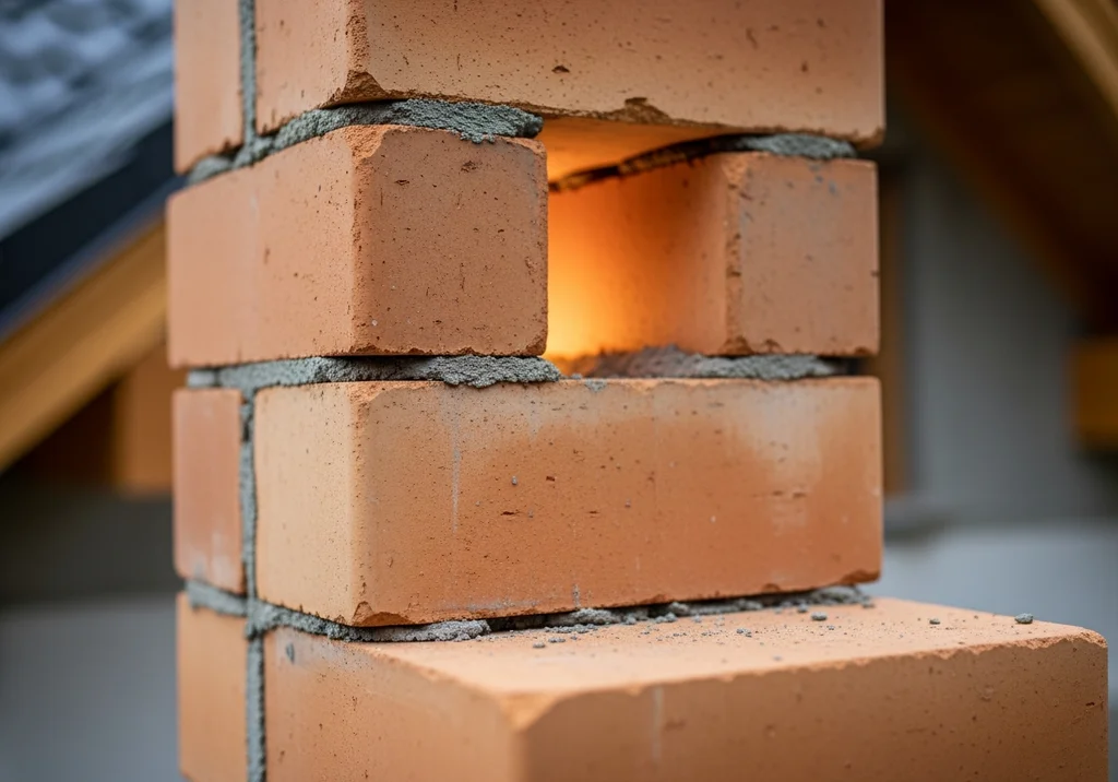 Zbliżenie na fragment budowanego komina z cegły szamotowej, widoczne ognioodporne pustaki.