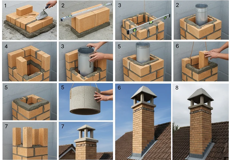 Etapy budowy komina z cegły szamotowej: układanie cegieł, wkładanie metalowego komina, montaż pierścienia betonowego i wykańczanie.
