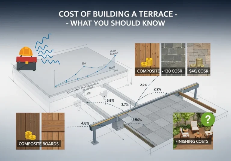 Schemat kosztów budowy tarasu: materiały, fundamenty, wykończenie.