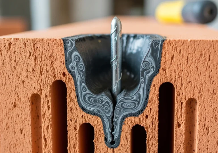 Przekrój pustaka Porotherm z kotwą chemiczną i prętem zbrojeniowym.