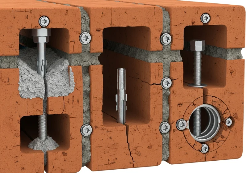 Przekrój przez bloczek Porotherm z zainstalowanymi kotwami chemicznymi i metalowymi elementami mocującymi.