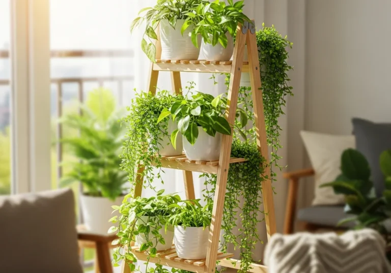 Drewniany kwietnik drabinka z doniczkami pełnymi zielonych roślin w jasnym wnętrzu.