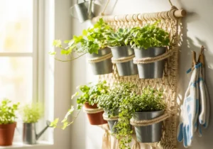 Kwietnik na ścianę DIY z metalowych doniczek i makramy.