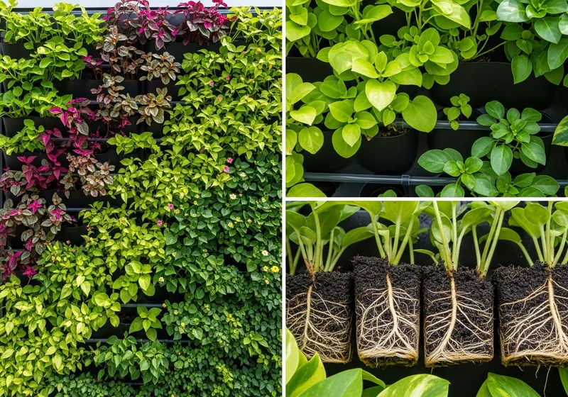 Zielona ściana z różnymi roślinami i ich korzeniami, ilustrująca znaczenie roślin i konstrukcji.