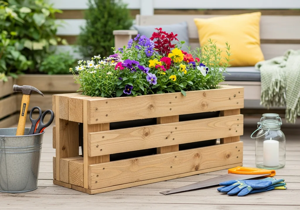 Drewniany kwietnik z europalety pełen kolorowych kwiatów, narzędzia ogrodnicze i wiaderko.