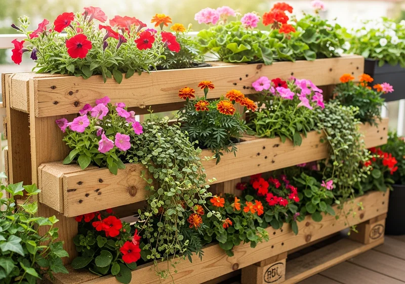 Kwietnik z europalety pełen kwitnących, kolorowych kwiatów w różnych odcieniach.