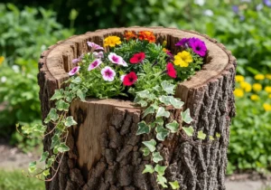 Kwietnik z pnia drzewa z kolorowymi kwiatami i pnączami bluszczu.