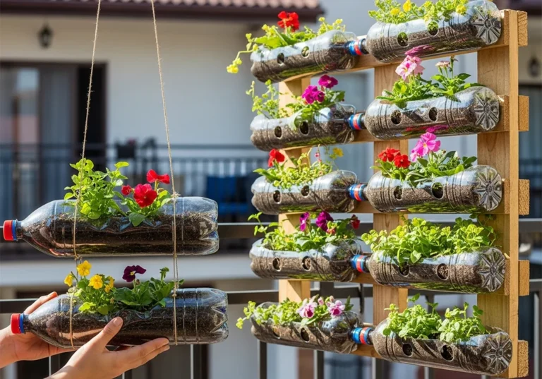 Kwietniki z plastikowych butelek z kolorowymi kwiatami, wiszące i na drewnianym stojaku.