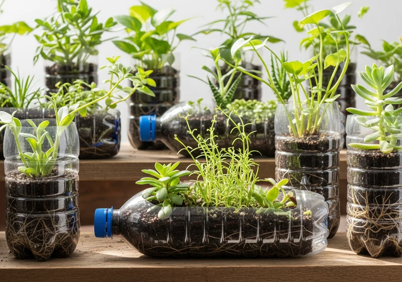 Rośliny w doniczkach z butelek PET, niektóre leżące poziomo.
