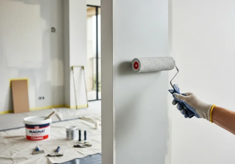 Osoba w rękawiczce maluje ścianę wałkiem Magnat Ceramic.