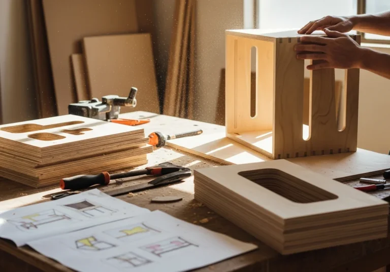 Drewniany projekt mebli DIY ze sklejki na stole stolarskim z narzędziami.