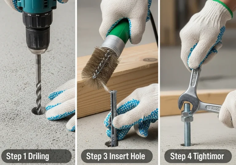 Kroki montażu kotwy stalowej: wiercenie, czyszczenie otworu, osadzanie i dokręcanie.