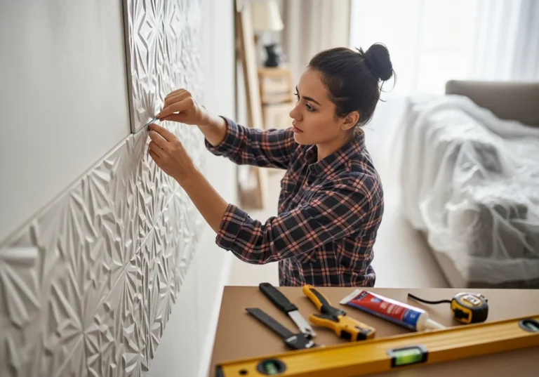 Kobieta montuje panele dekoracyjne na ścianie, na stole leżą narzędzia.