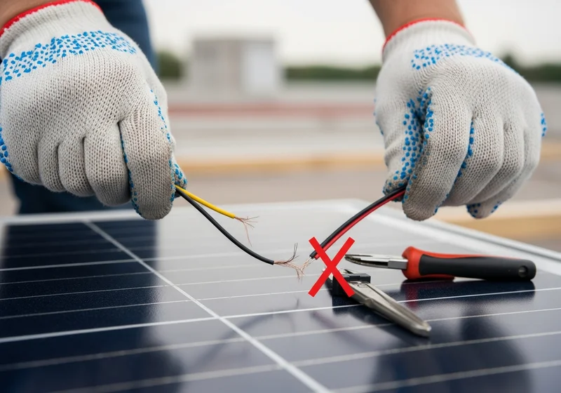 Czerwony znak X na kablach i narzędziach do instalacji paneli słonecznych.