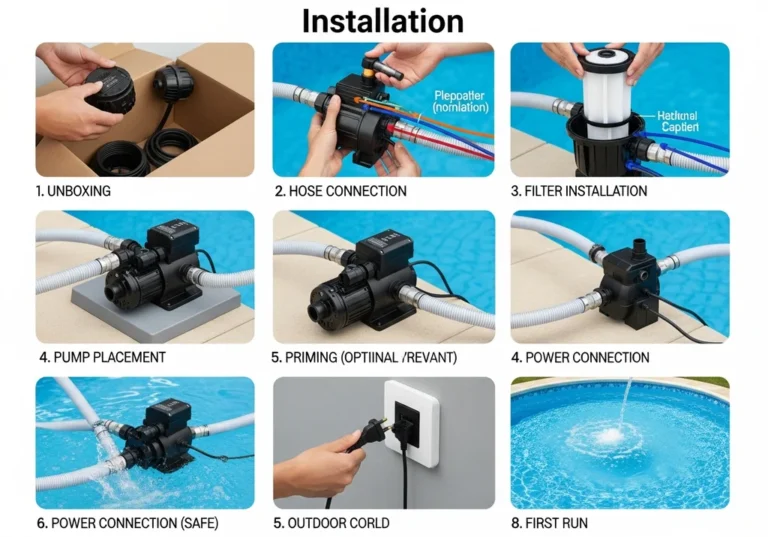 Ilustracja przedstawia 8 kroków montażu pompy basenowej Bestway, od rozpakowania do uruchomienia.