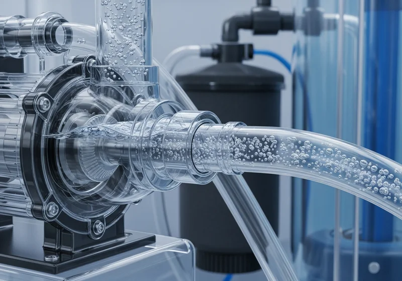 Przezroczysta pompa z widocznymi pęcherzykami powietrza w wodzie, węże i elementy układu filtrującego.