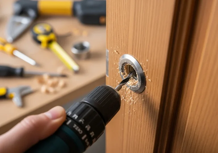 Wiercenie otworu w drzwiach pod montaż wizjera przy użyciu wiertarki.