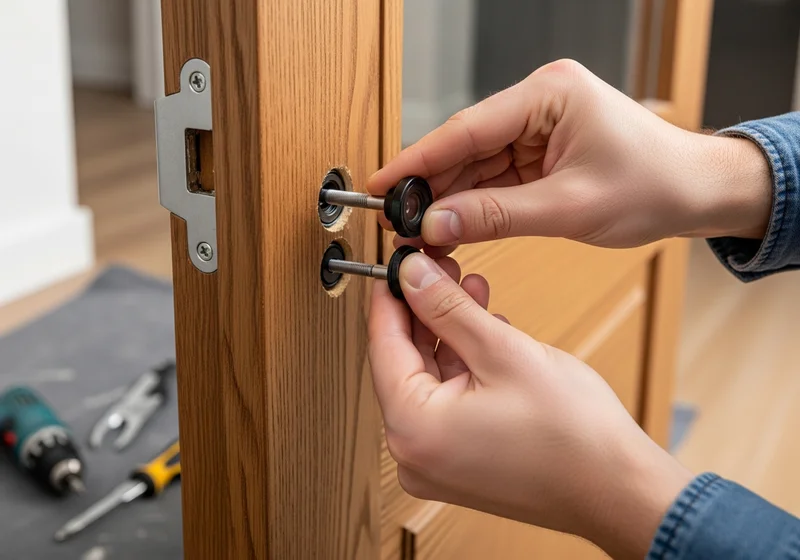 Dłonie montują pokrętła wizjera w otworach w drewnianych drzwiach.