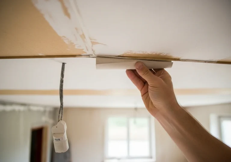 Dłoń przytrzymuje kawałek płyty kartonowo-gipsowej do sufitu podczas remontu.