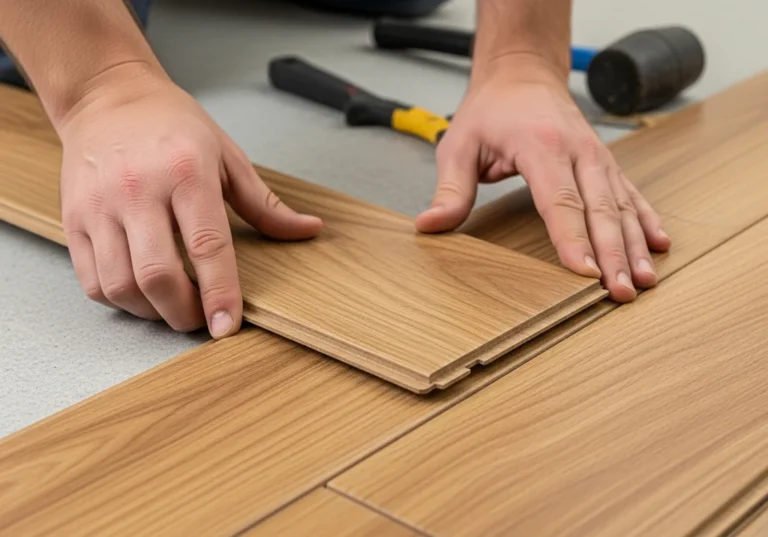 Dłonie łączą deski paneli podłogowych z fugą, pokazując proces montażu.