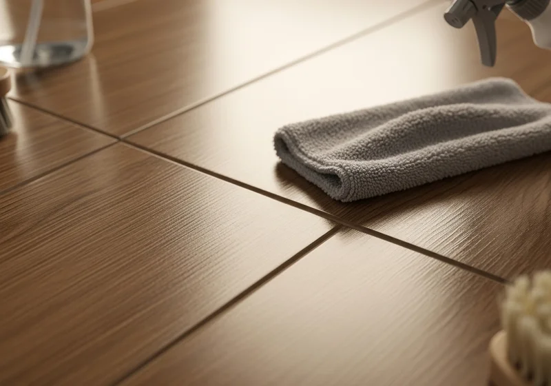 Szara ściereczka i szczotka do czyszczenia paneli podłogowych z fugą.