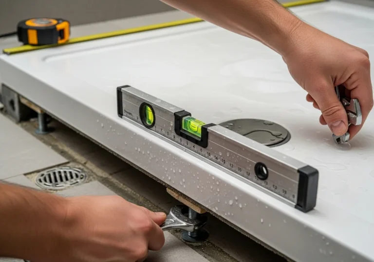 Ręczne poziomowanie brodzika prysznicowego za pomocą poziomicy i klucza.