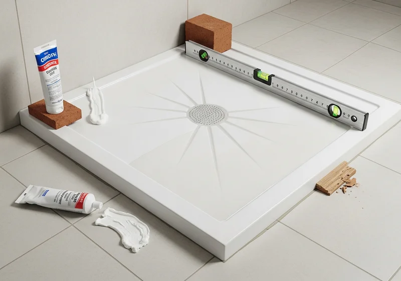 Brodzik z poziomicą, zaprawą i cegłą, gotowy do montażu.