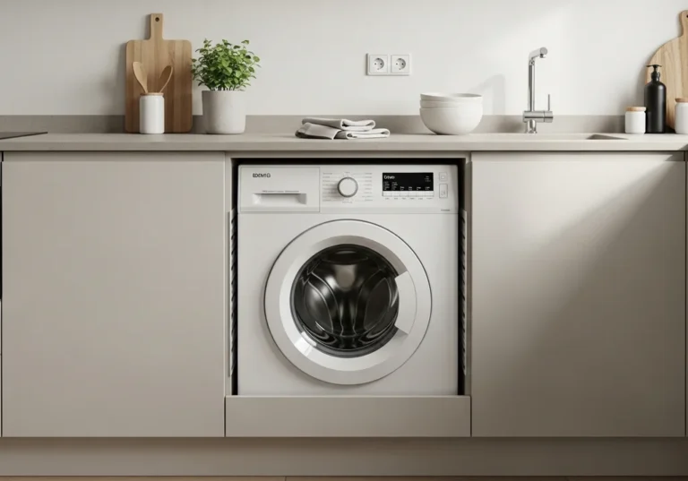Pralka ładowana od frontu wbudowana pod blat kuchenny, z widocznym panelem sterowania.