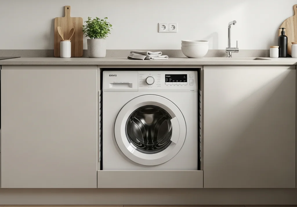 Pralka ładowana od frontu wbudowana pod blat kuchenny, z widocznym panelem sterowania.