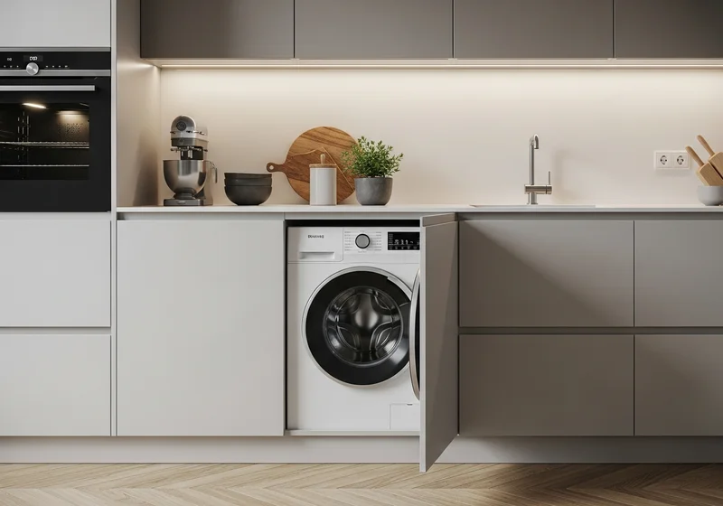 Nowoczesna pralka w zabudowie z frontem otwartym, wpuszczona w kuchenną zabudowę.