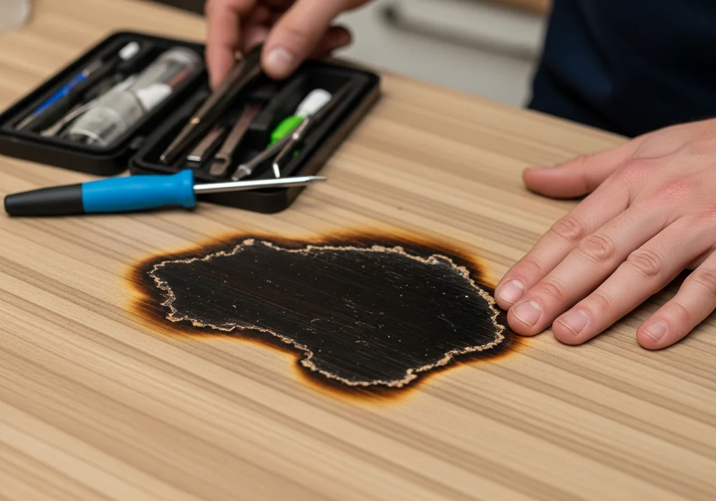 Przypalony blat z laminatu z narzędziami do naprawy.