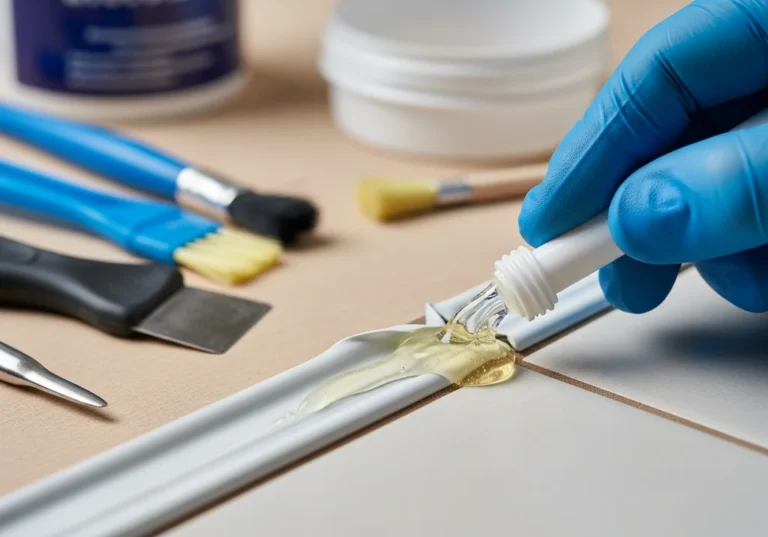 Nakładanie płynnego środka do usuwania silikonu z białej listwy.