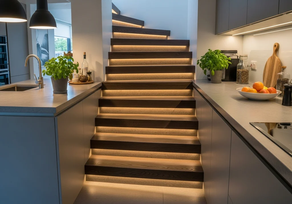 Nowoczesne schody z drewnianym wykończeniem i podświetleniem led, zintegrowane z blatem kuchennym.