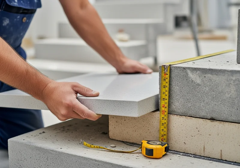 Dłonie krawca kamienia mierzą blat schodów taśmą mierniczą.