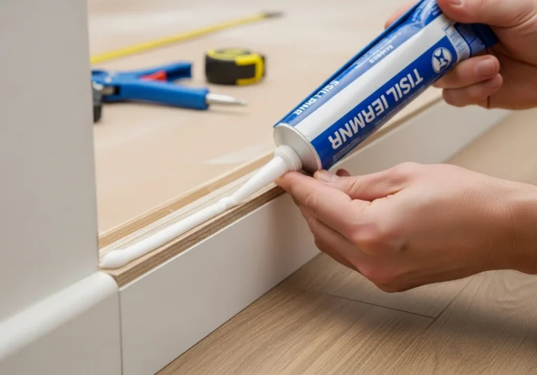 Nakładanie silikonu na listwy przypodłogowe za pomocą pistoletu.