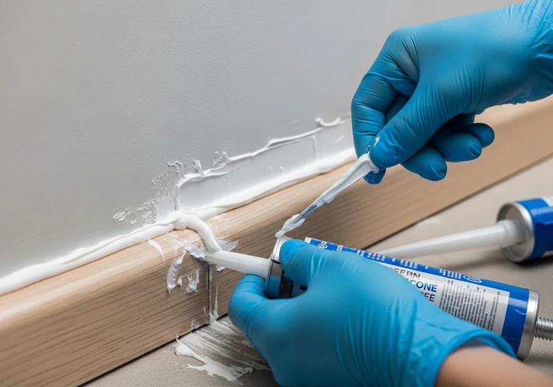 Nakładanie białego silikonu na drewnianą listwę przypodłogową za pomocą pistoletu do silikonu.