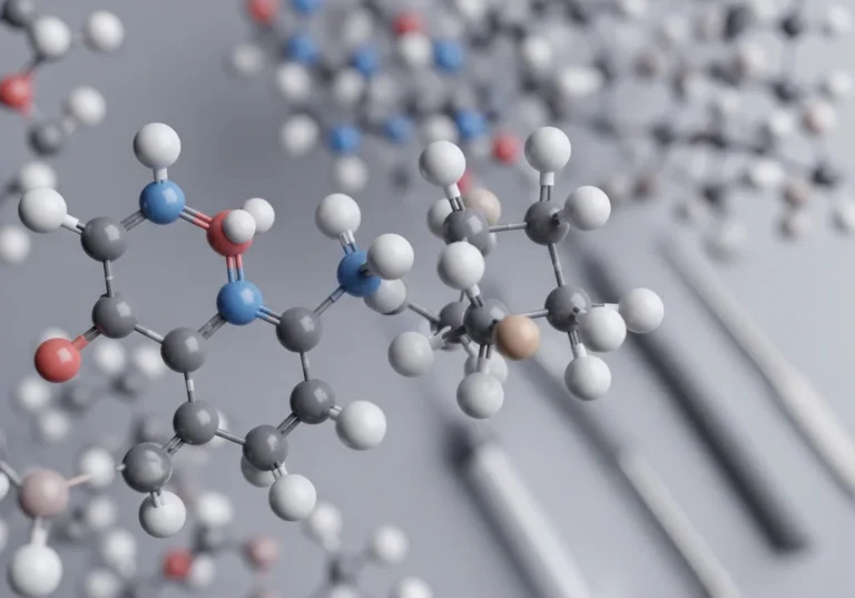 Model cząsteczki silikonu medycznego, pokazujący atomy połączone wiązaniami.