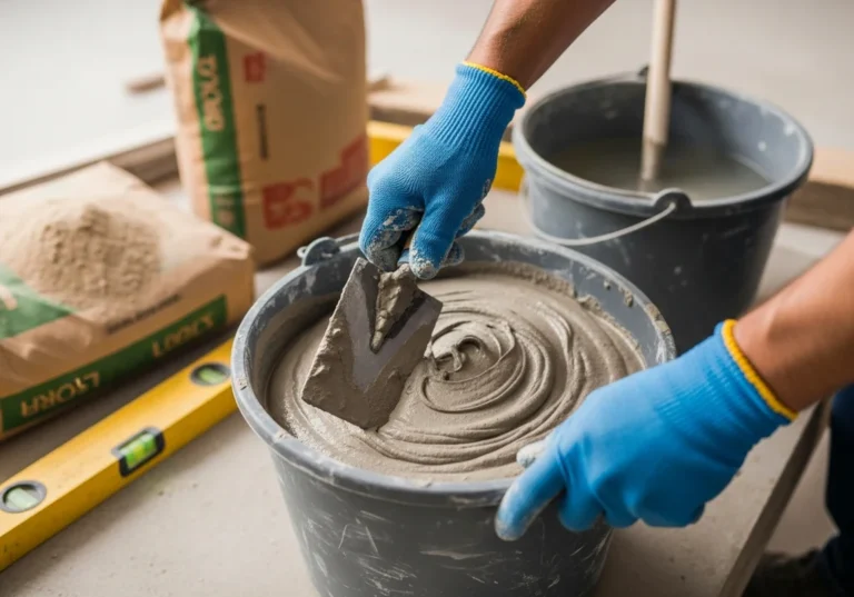 Ręce w niebieskich rękawicach mieszają tynk cementowy w wiadrze kielnią.