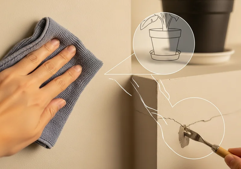 Ręka z mikrofibrą czyści ścianę, a obok pęknięcia naprawiane narzędziem.
