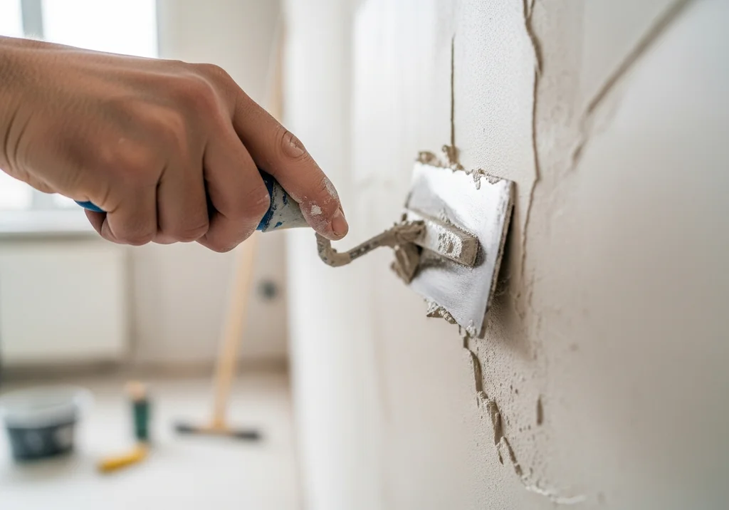 Ręka nakłada tynk na ścianę za pomocą kielni, wyrównując powierzchnię.