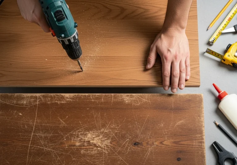 Ręczna wiertarka wierci otwór w nowym blacie, obok leży stary, zniszczony blat i narzędzia.