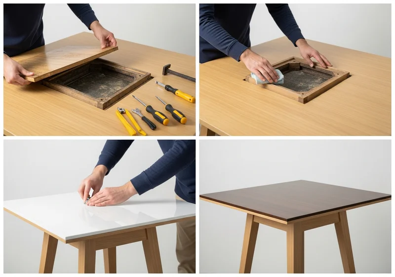 Wymiana blatu stołu: zdjęcie z narzędziami, czyszczenie otworu, mocowanie nowego blatu, gotowy stół.