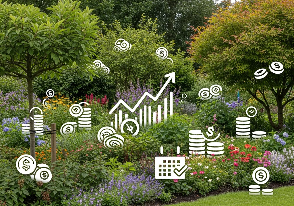 Grafika z ikonami finansowymi i wzrostu na tle kwitnącego ogrodu.