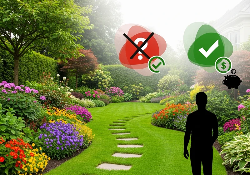 Sylwetka człowieka przed ogrodem, z symbolami wyboru i ceny, symbolizująca decyzję o wyborze usług ogrodniczych.