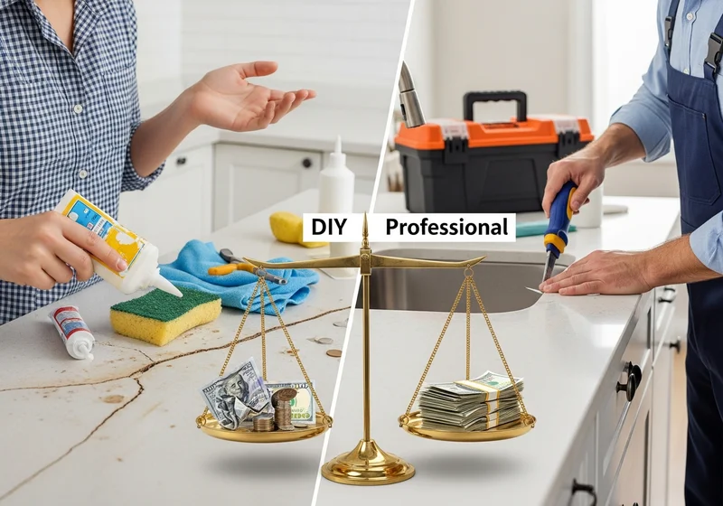 Waga porównująca koszty naprawy blatu metodą DIY (mało pieniędzy) z kosztem usługi profesjonalnej (dużo pieniędzy).